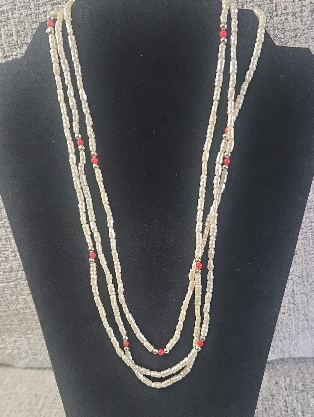 Multi-Strand Faux Pearl Bead Necklace with Red Accents